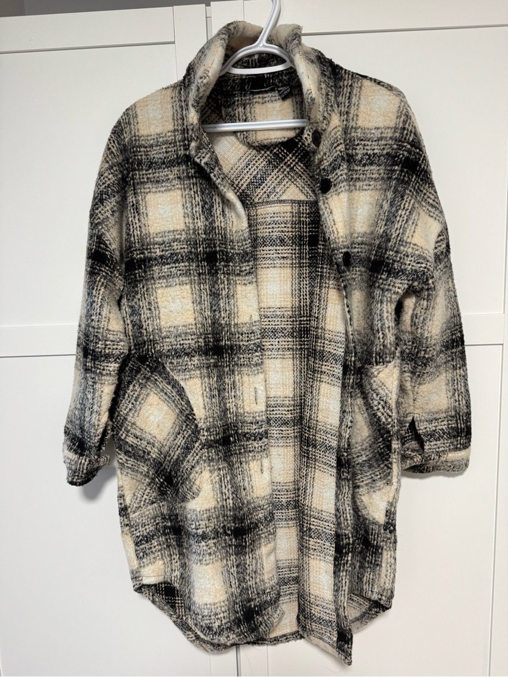 Plaid Shacket Coatigan in Black and Cream